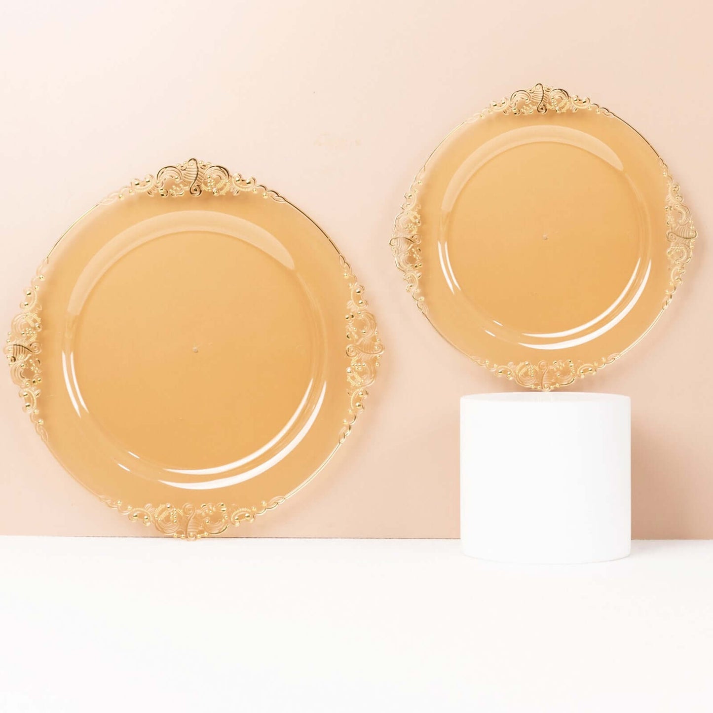 10-Pack Plastic 10" Round Dinner Plates in Transparent Amber Gold with Gold Leaf Embossed Rim - Disposable Vintage Baroque Style Plates