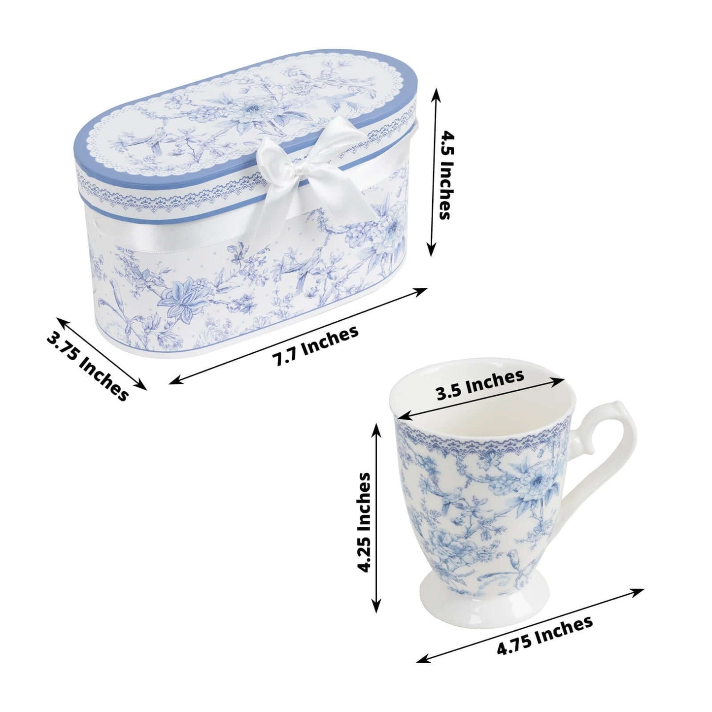 White Blue French Toile Bridal Shower Gift Set, 2 Pack Porcelain Tea Cups With Matching Keepsake Gift Box and Satin Ribbon Handle