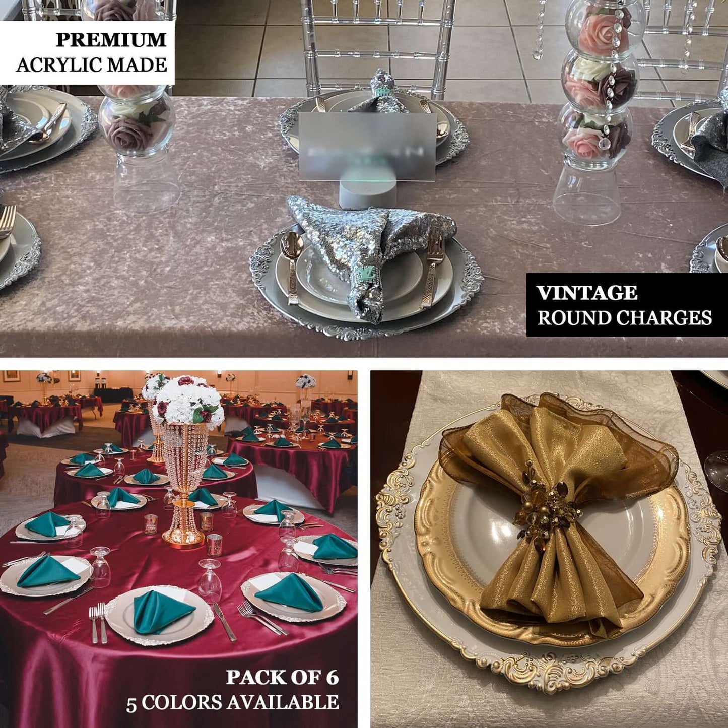 6-Pack Acrylic Round Charger Plates 13" in Silver with Embossed Baroque Rim, Antique Decorative Dinner Party Charger Tableware