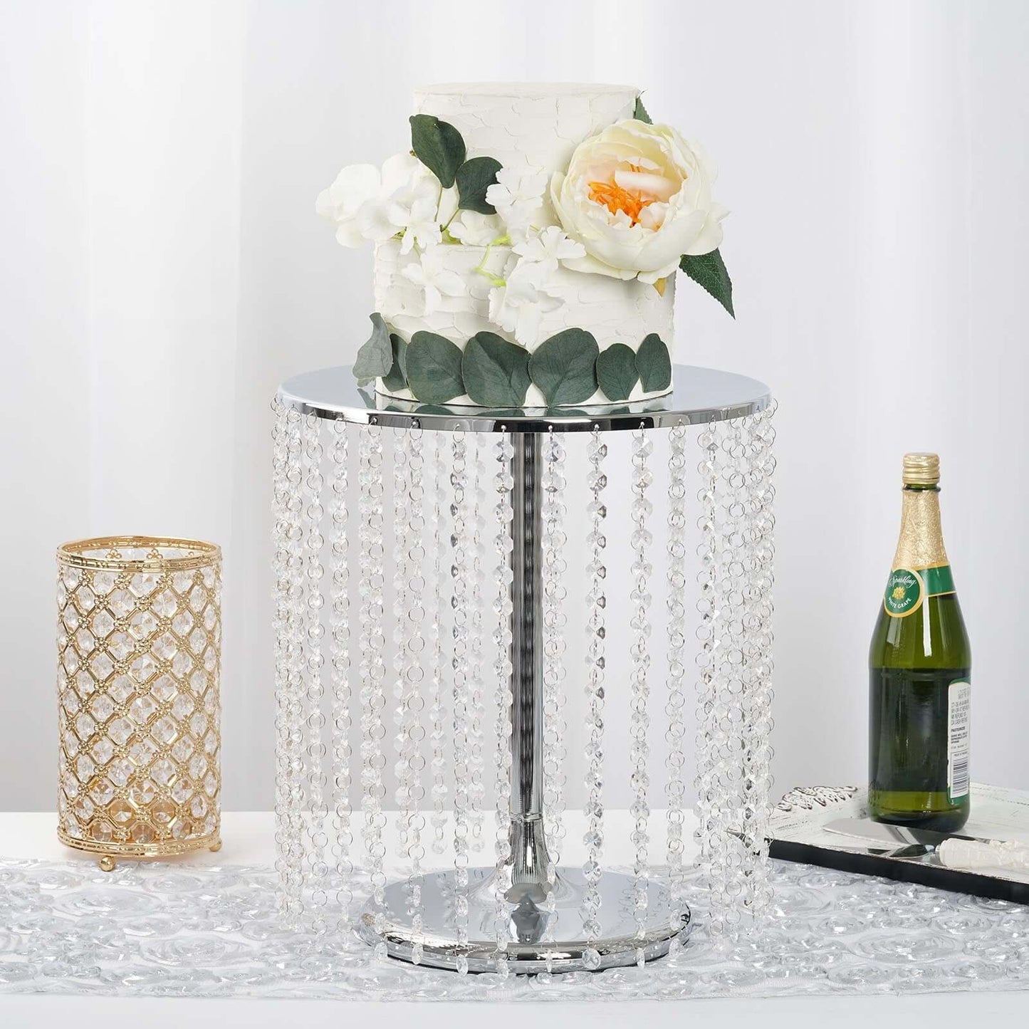 Metal Cake Stand Round Design Metallic Silver with Crystal Chains 14" Dia - Cupcake Dessert Pedestal 16"Tall