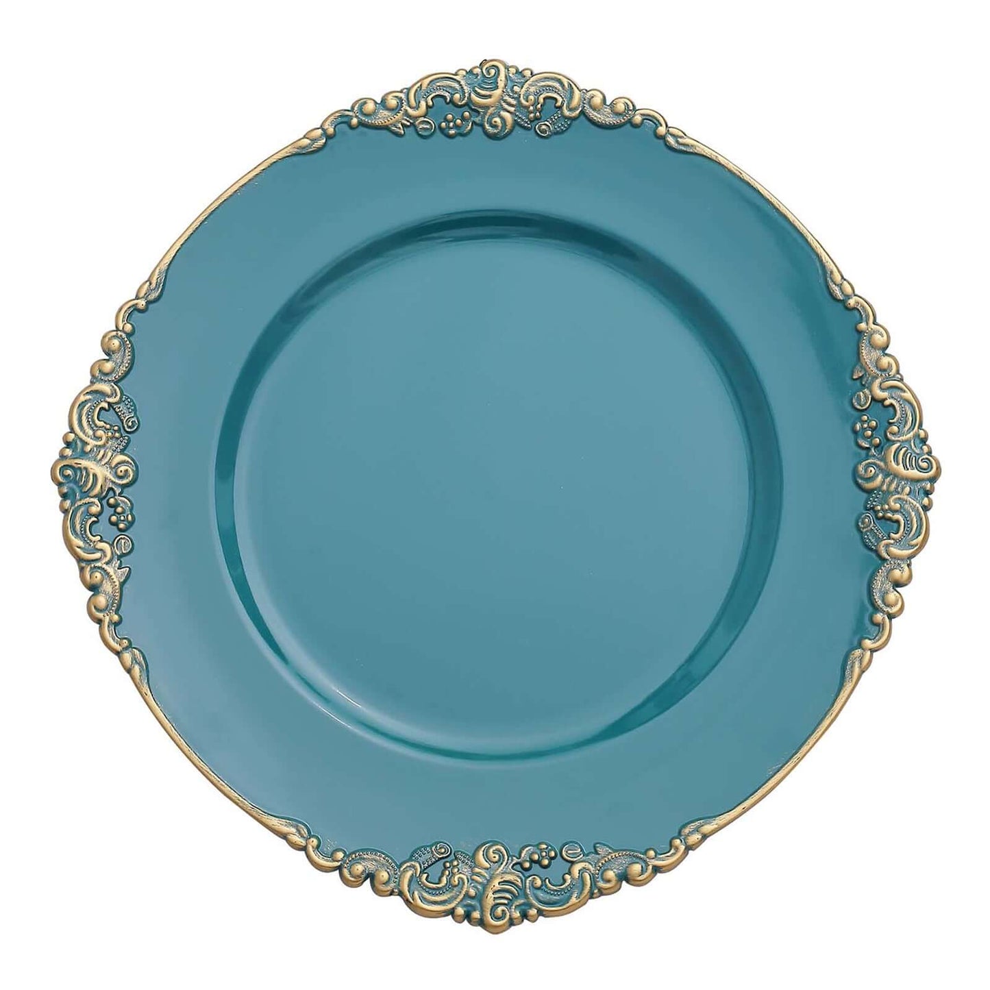 6-Pack Acrylic Round Charger Plates 13" in Peacock Teal with Gold Embossed Baroque Rim, Antique Decorative Dinner Party Charger Tableware