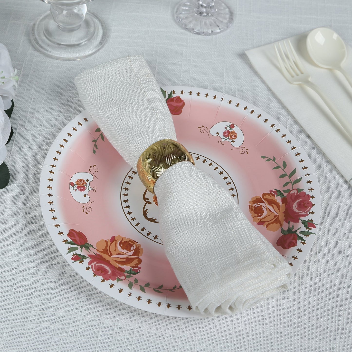 25-Pack Paper 9" Round Dinner Plates in Dusty Rose with Vintage Rose Flower Print - Disposable Plates