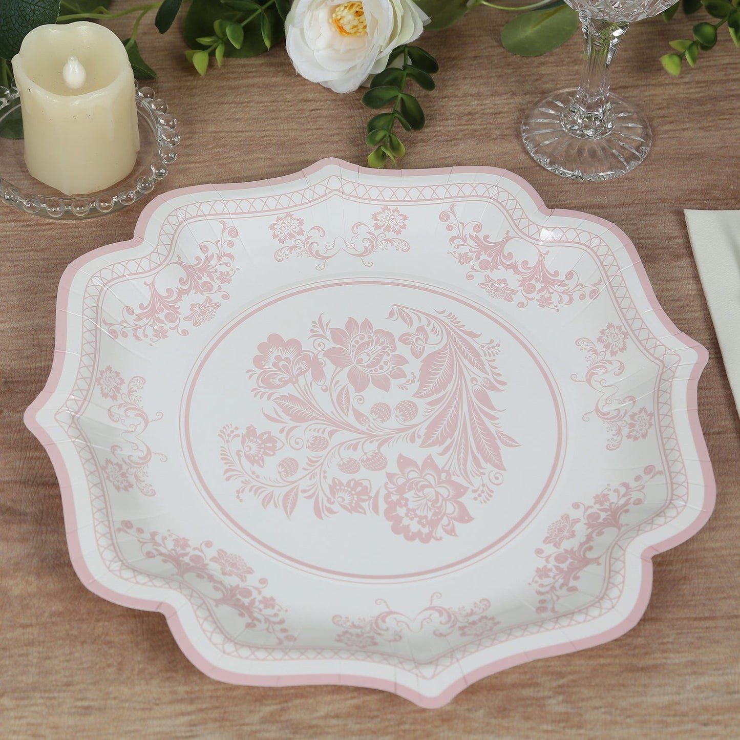 25-Pack Paper Dinner Plates in White Pink Damask Floral Pattern & Scallop Rim - Stylish Disposable 300GSM Floral Party Plates 10"