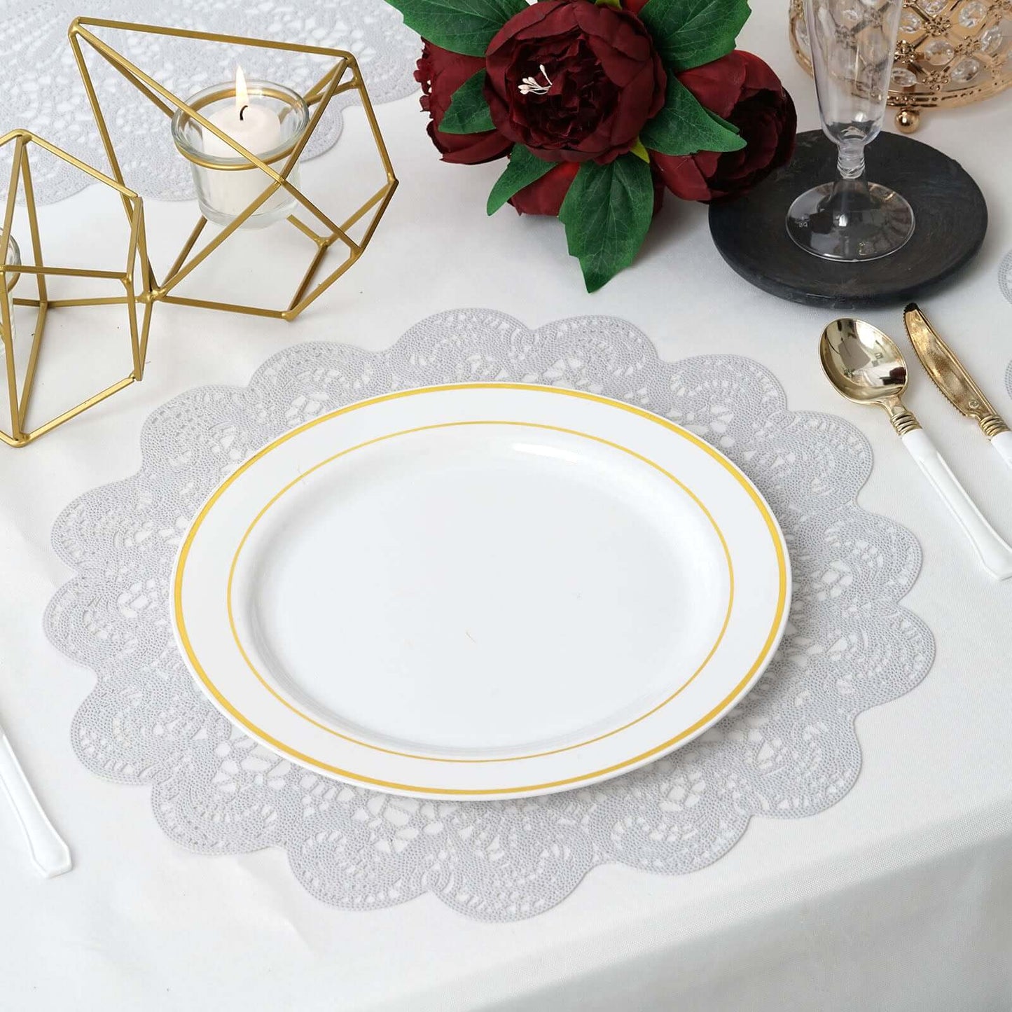 6-Pack Dining Table Mats Floral Lace Design White - Vinyl Non-Slip Surface with Vintage Appeal 15"