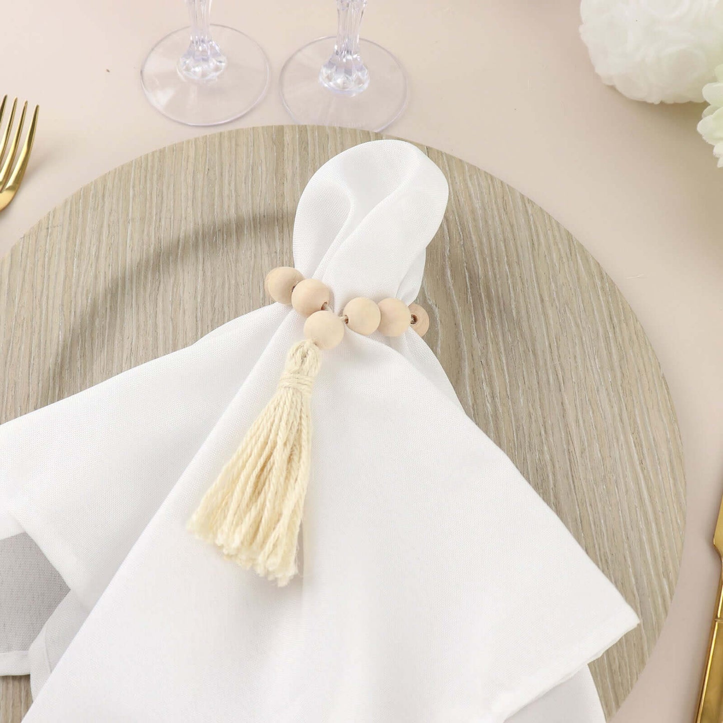 4 Pack 6" Cream Rustic Boho Chic Wood Bead Napkin Rings With Tassels, Farmhouse Country Napkin Holders