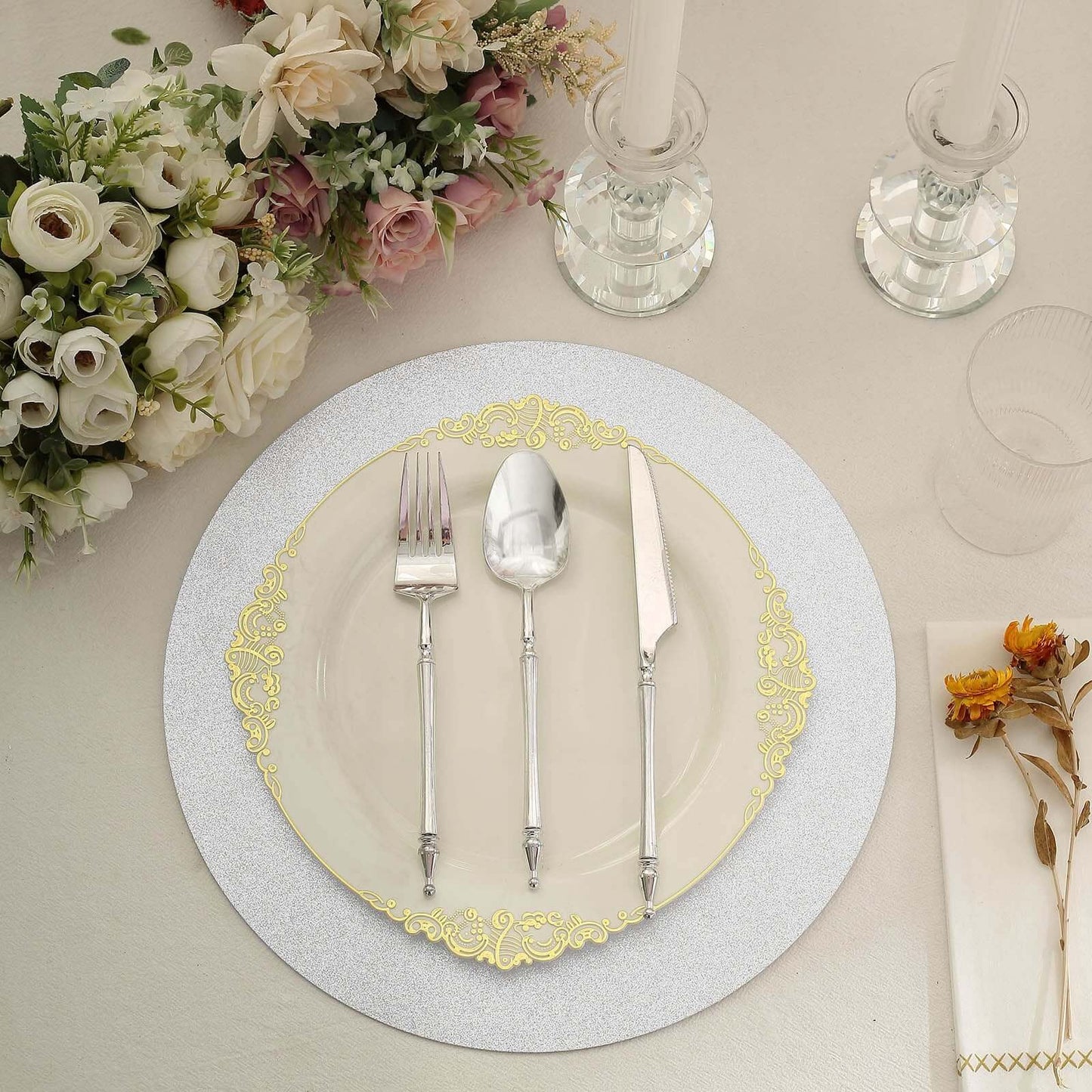 20-Pack Disposable Table Placemats in Silver Glitter - 210GSM Paper Placemats for Classy Events 13"