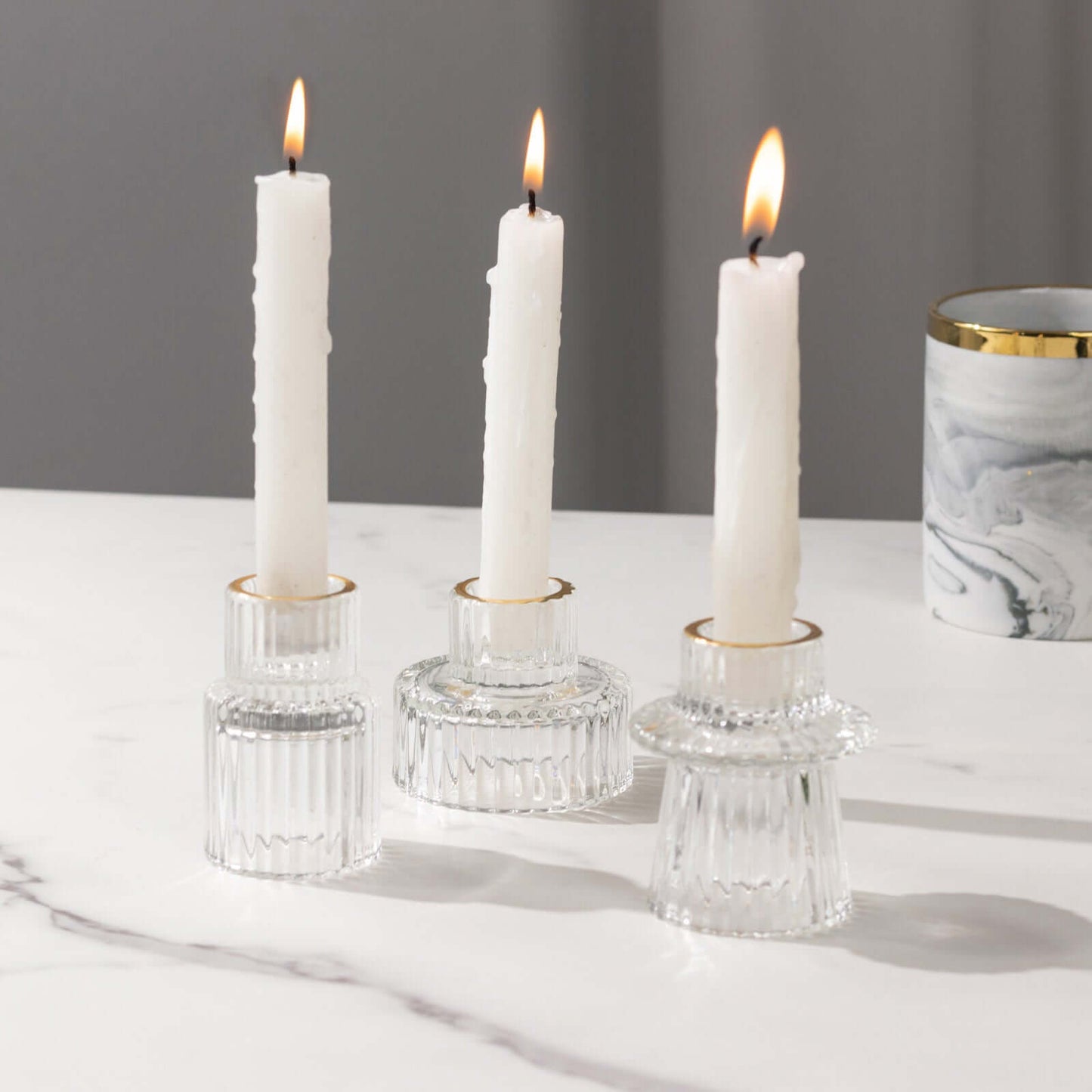 Set of 6 Glass Taper Candle Holders Ribbed Crystal Design with Gold Rim Clear - Reversible Mini Votive Tealight Stands 3"