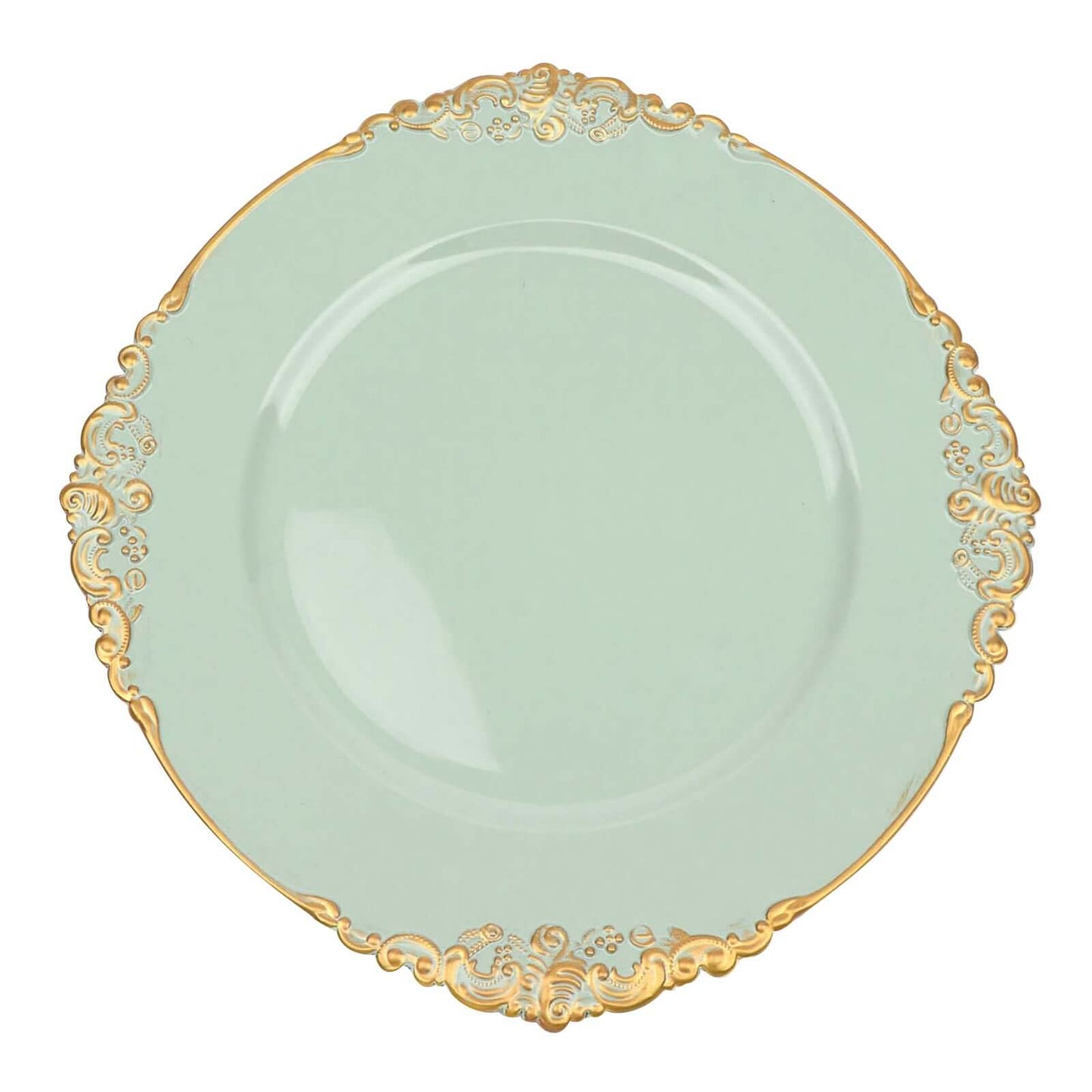6-Pack Acrylic Round Charger Plates 13" in Sage Green with Gold Embossed Baroque Rim, Antique Decorative Dinner Party Charger Tableware