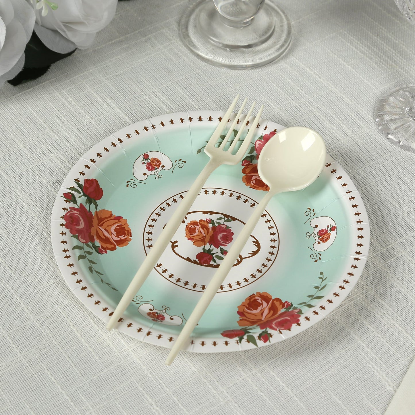 25-Pack Paper 7" Round Dessert Plates in Light Turquoise with Vintage Rose Flower Print - Disposable Appetizer Salad Plates