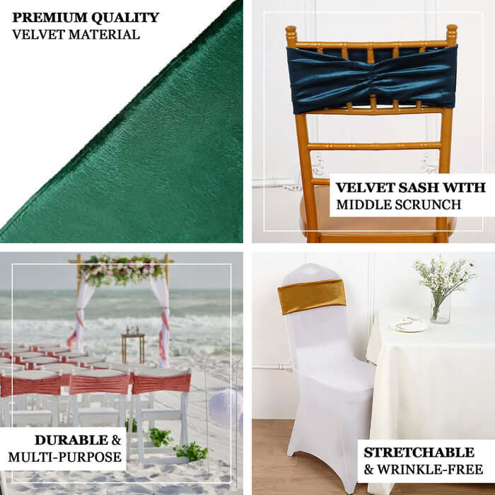 5 Pack Premium Crushed Velvet Chair Sashes Dusty Blue Ruffle Style - Textured Chair Bands for Stunning Event Decor
