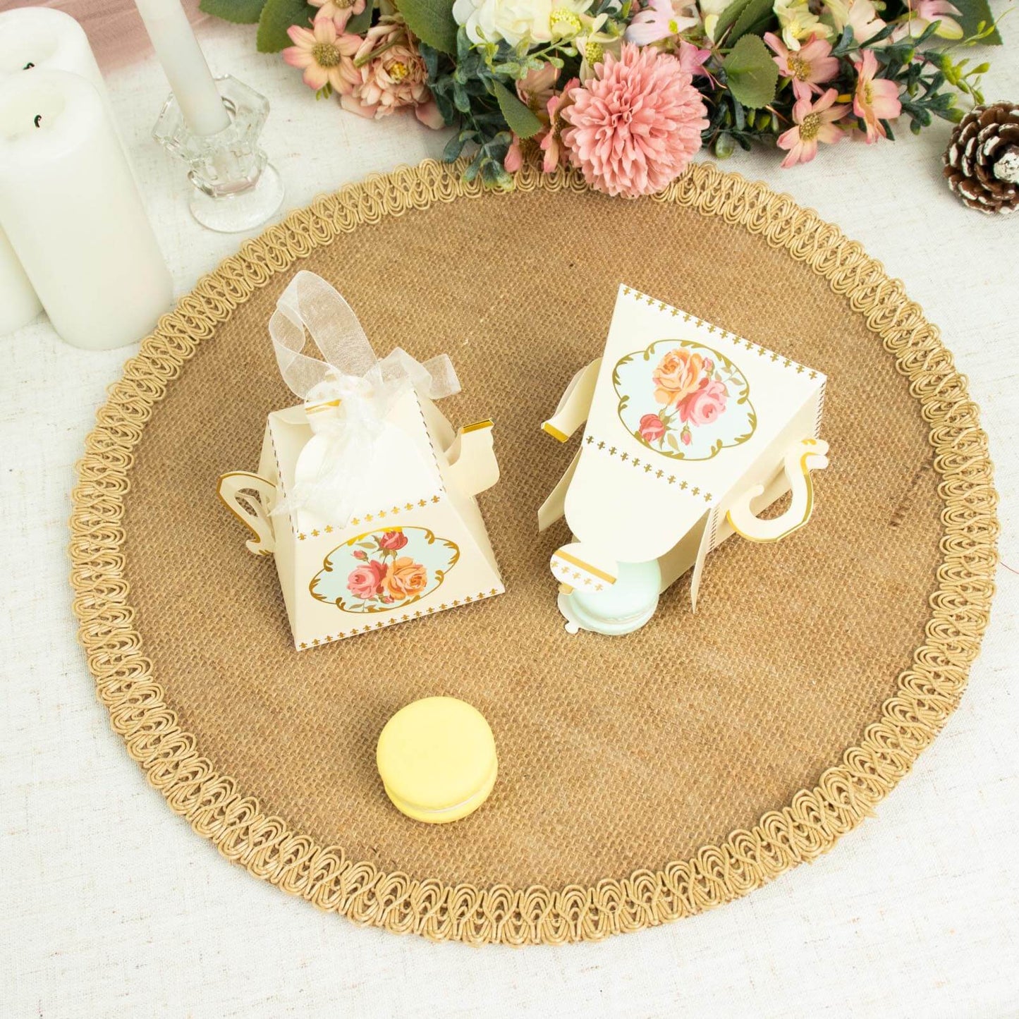 25 Pack 4" Ivory Mini Teapot Favor Boxes, Vintage Rose Gift Boxes with Ribbons
