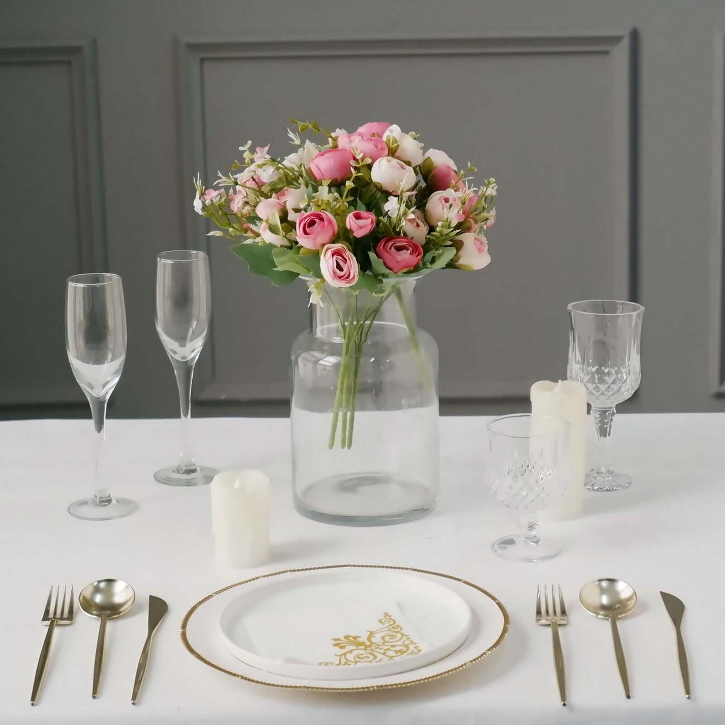 4 Pack 12" Artificial Pink Ranunculus Silk Flower Bridal Bouquets, Faux Buttercup Floral Arrangement