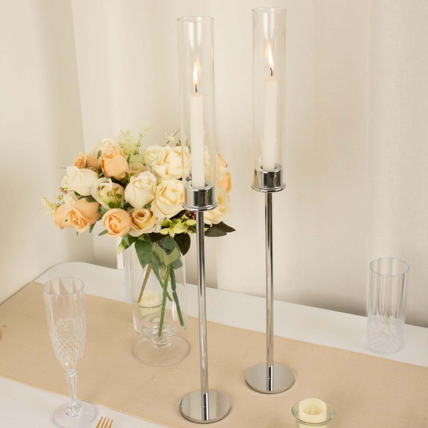 2-Pack Silver Metal Taper Candlestick Holders, Clear Glass Hurricane Candle Stands With Chimney Candle Shades 24"
