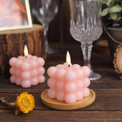 2-Pack LED Flameless Cube Candles Flickering Warm White Blush - Battery Operated Bubble Design 2"