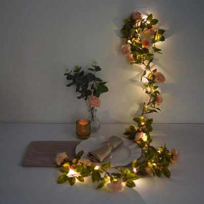 7ft 20 LED Blush Silk Rose Flower Garland Vine String Lights, Warm White Battery Operated