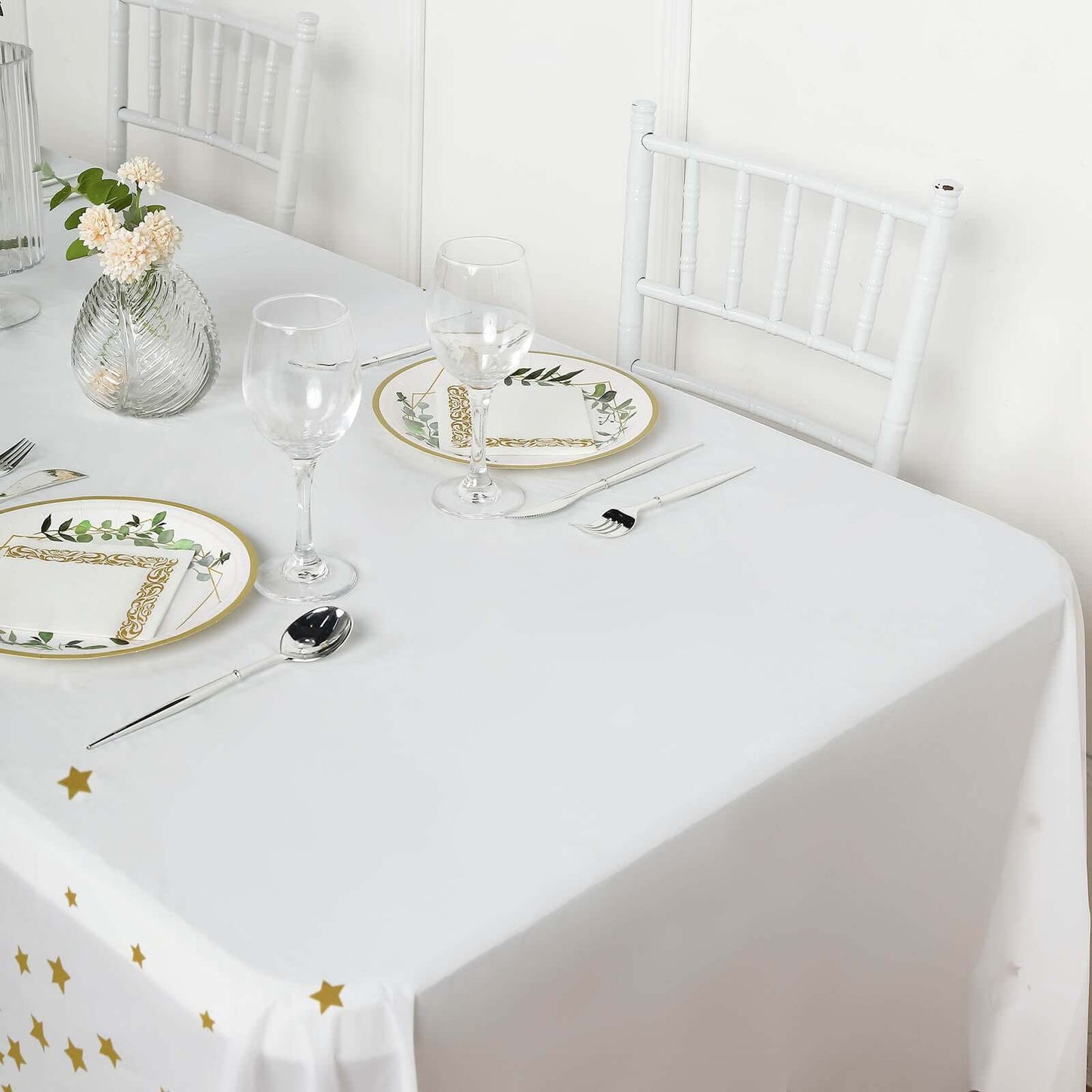5-Pack Plastic Table Covers White Rectangle with Gold Stars - Decorative PVC Disposable Tablecloths 54"x108"