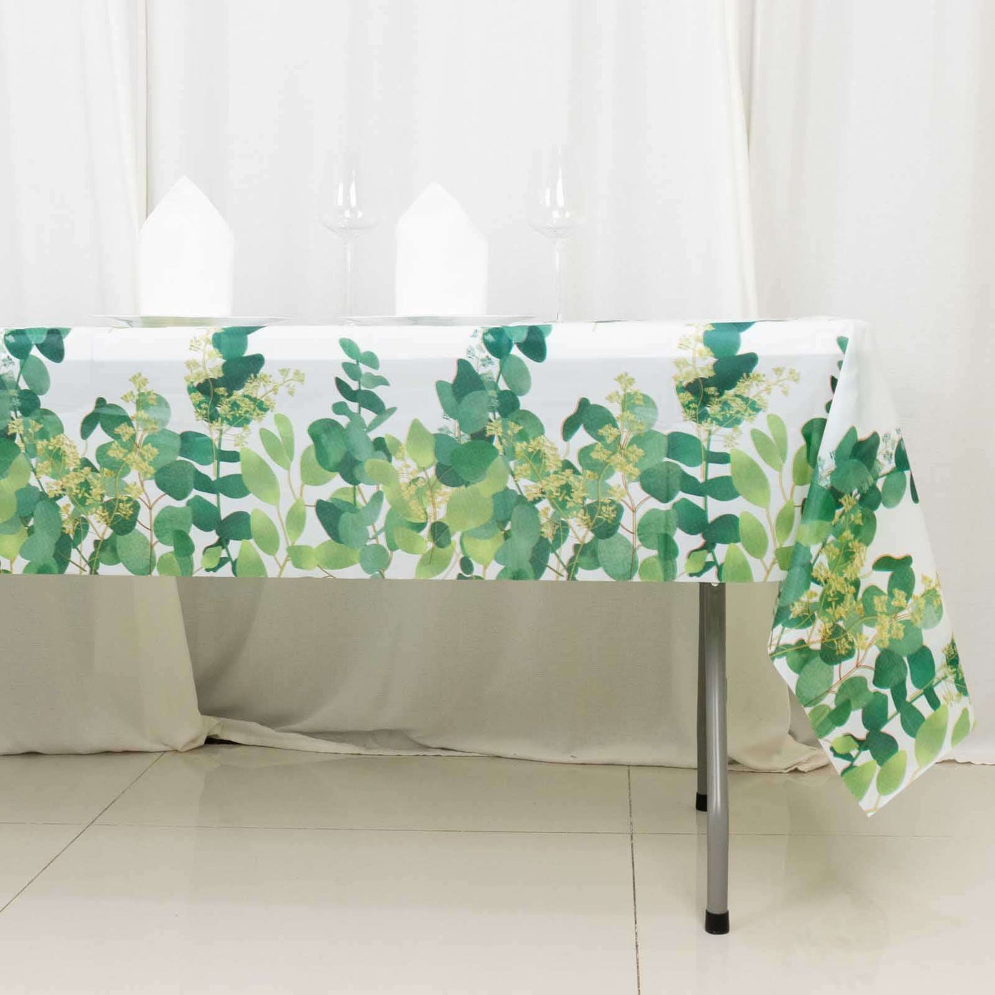 5-Pack Plastic Table Covers White/Green Rectangle with Eucalyptus Leaves Print - Decorative PVC Disposable Tablecloths 54"x108"