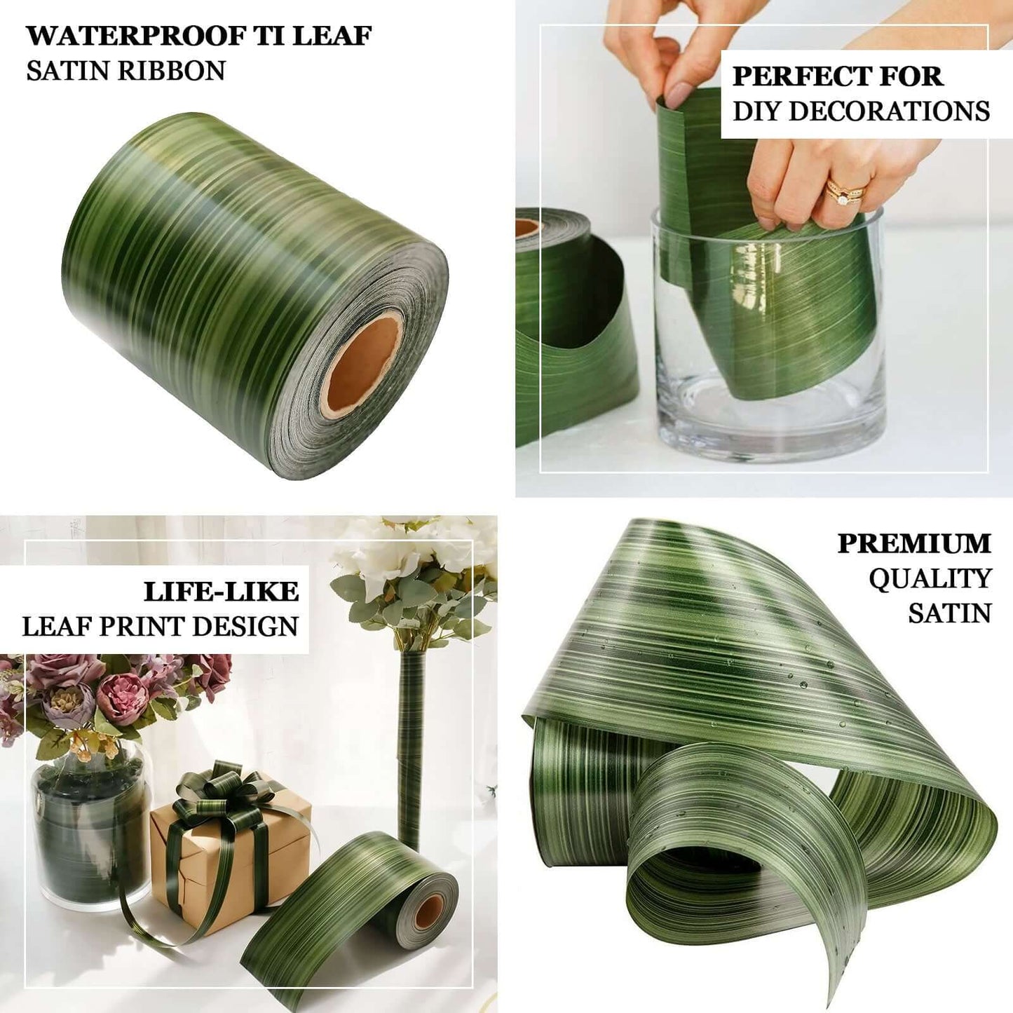 50 Yards 4" Green Ti Leaf Two Sided Floral Waterproof Satin Ribbon, DIY Bouquet Craft Supplies Wrap
