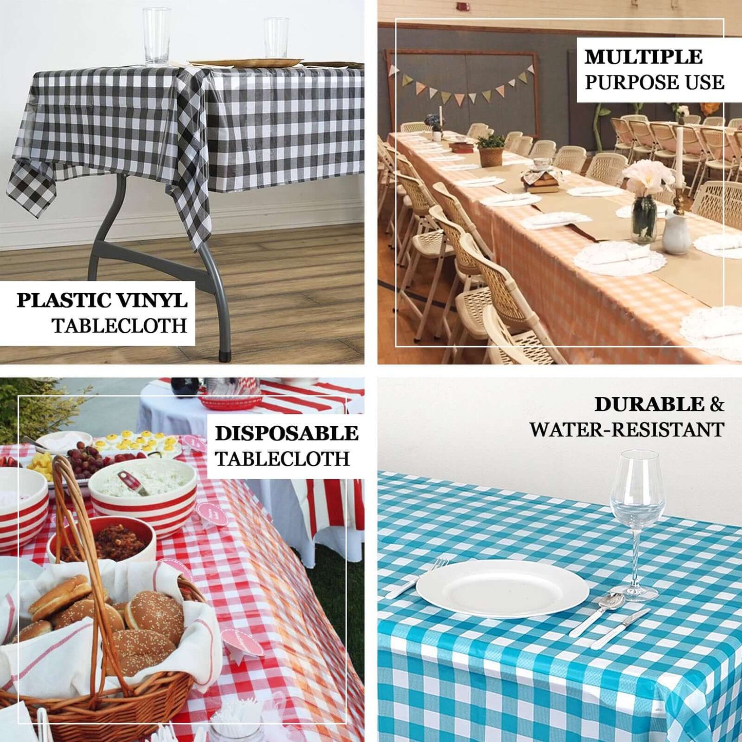 5-Pack Plastic Table Covers Black Checkered Rectangle - Durable PVC Disposable Covers for Events 54"x108"
