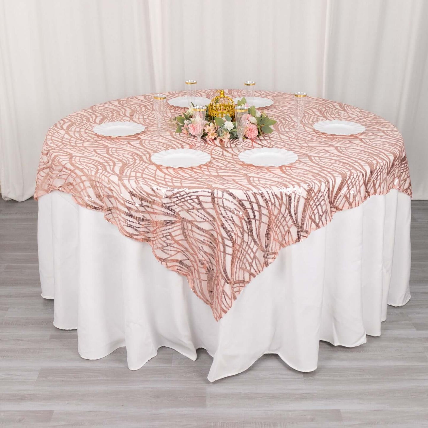 Mesh 72"x72" Table Overlay Square Tablecloth Blush - Wave Embroidered Sequins Table Topper