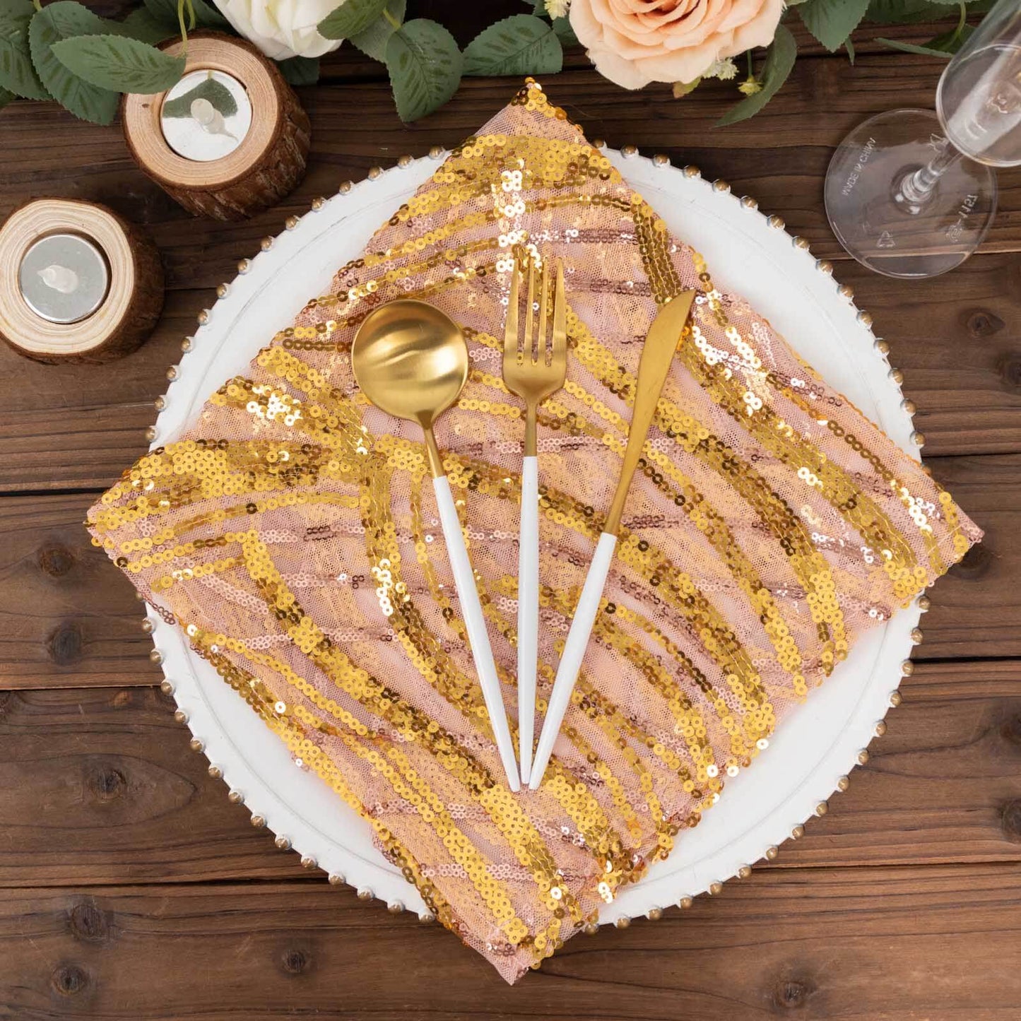 Sequin Mesh 20"x20" Napkin Rose Gold - Wave Embroidered Reusable Napkin