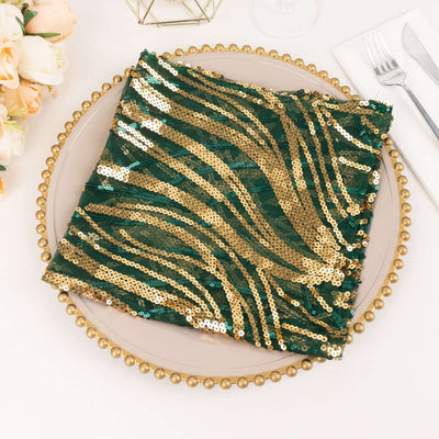 Sequin Mesh 20"x20" Napkin Hunter Emerald Green Gold - Wave Embroidered Reusable Napkin
