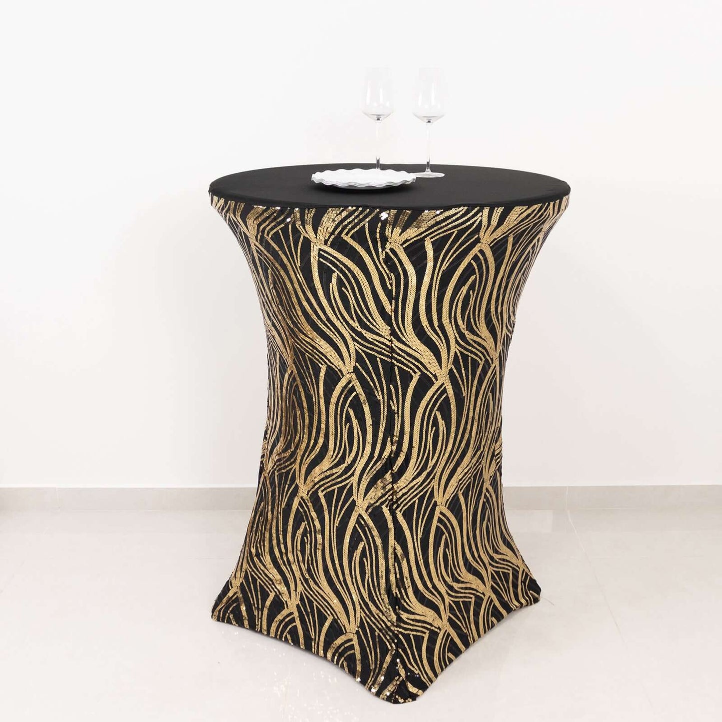 Spandex 30" Round Cocktail Table Cover Black/Gold with Wave Embroidered Sequins - Glamorous Design for Upscale Events
