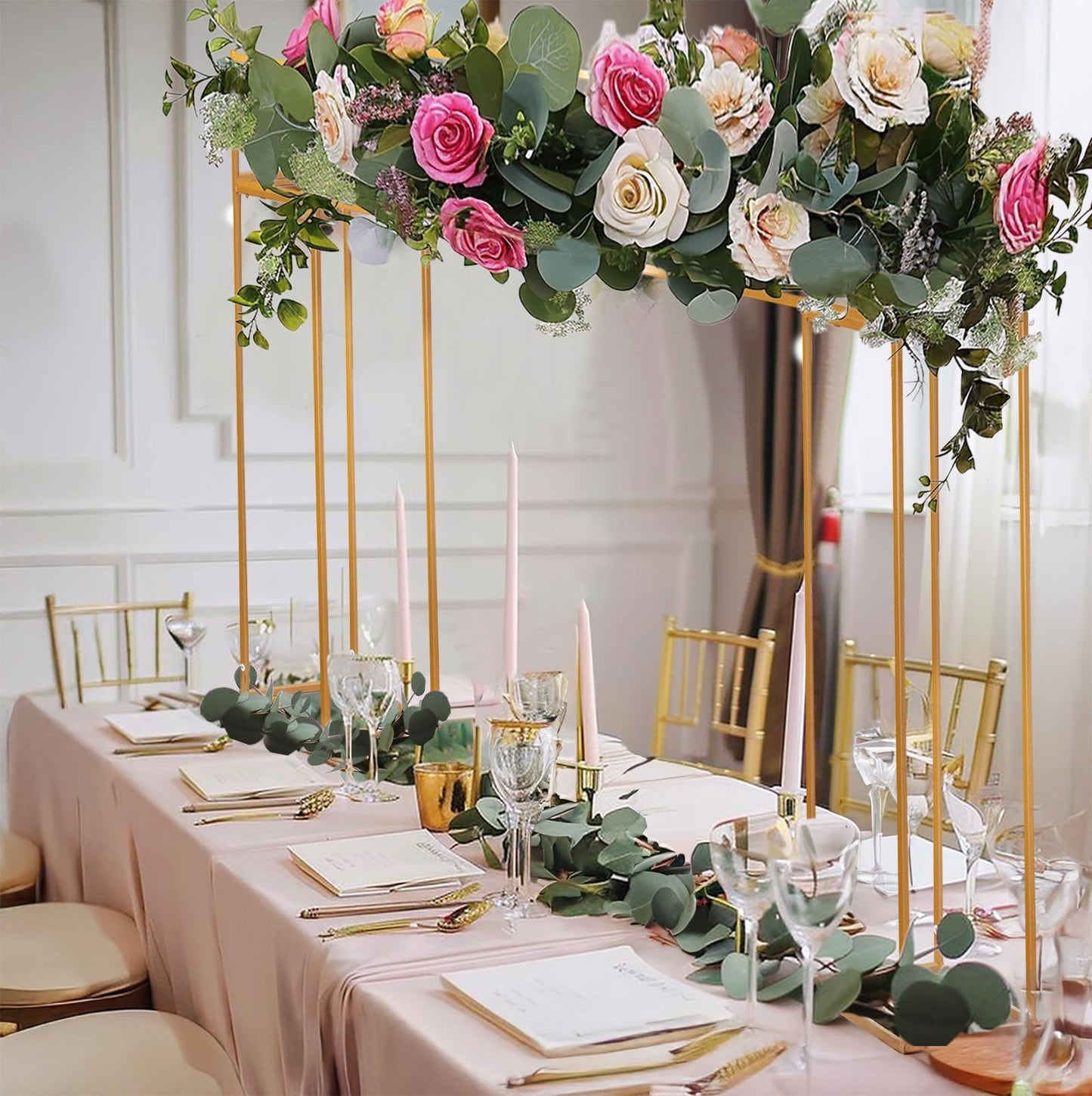5ft Over the Table Stand in Gold, Freestanding Rectangular Double Frame Over the Table Rod for Floral Balloon DÃ©cor