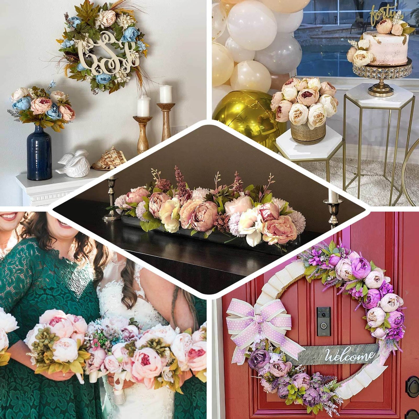 2 Pack 19" Dusty Blue Artificial Peony Flower Wedding Bouquets, Faux Silk Flower Arrangements