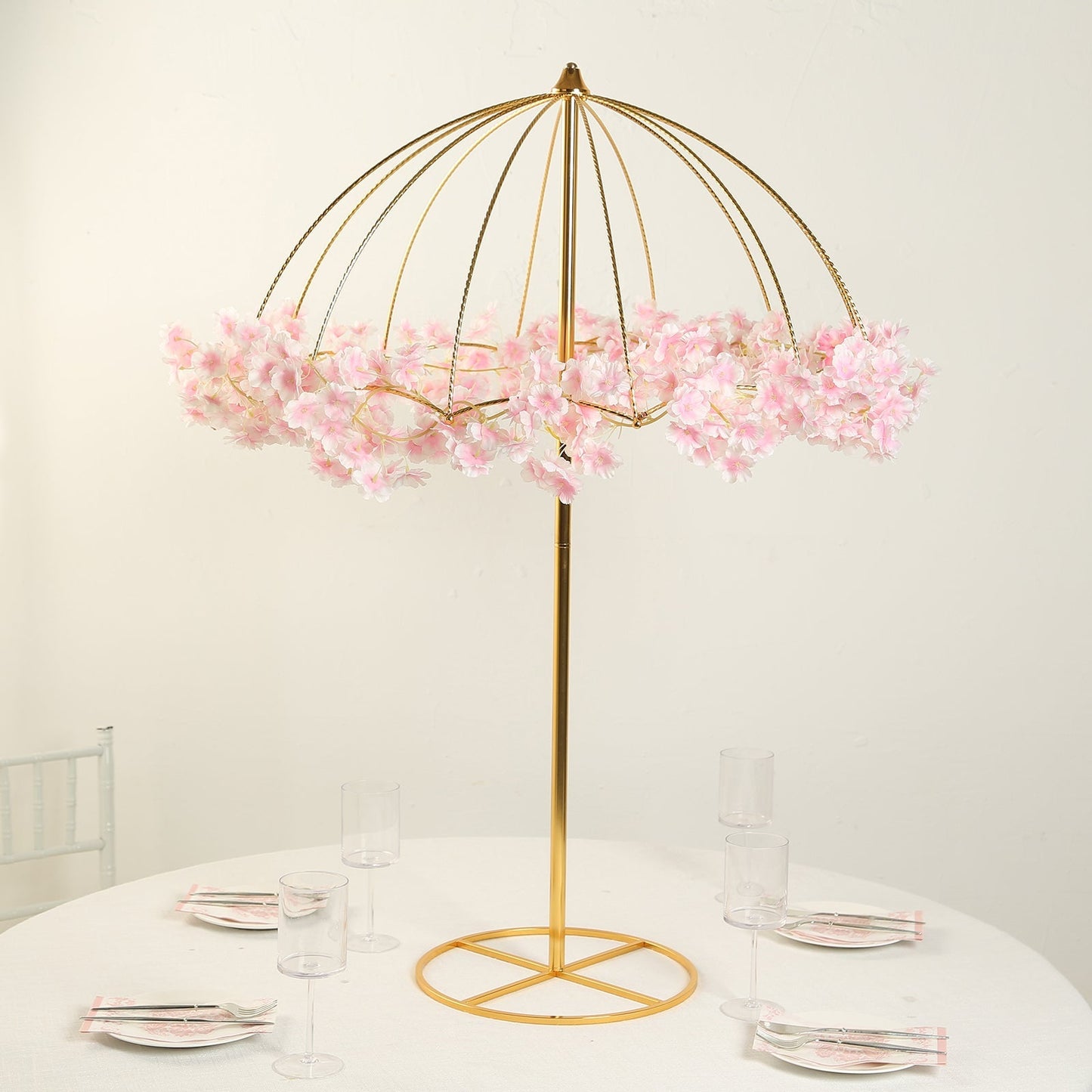 Wedding Centerpiece Umbrella Design Metal Gold - Round Base Floral Frame Stand 42"