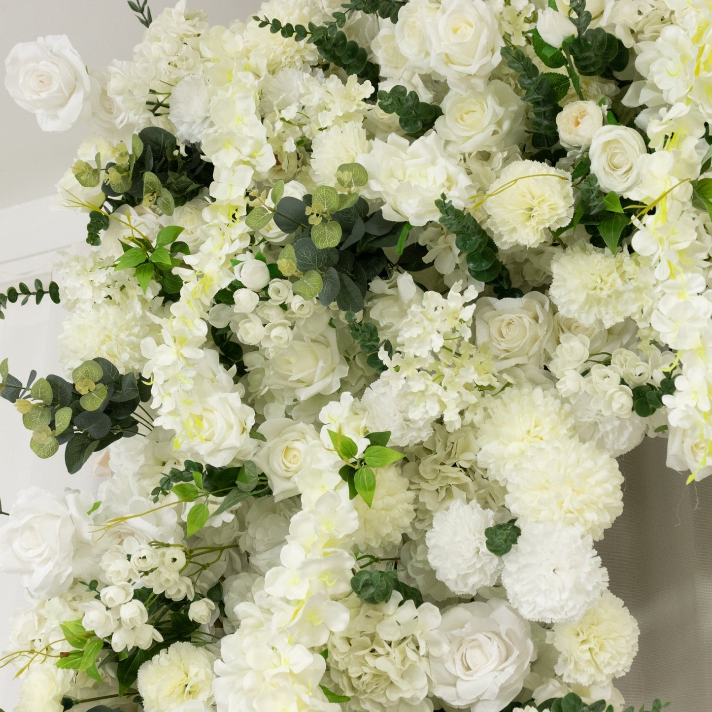 8ftx8ft Roll Up Flower Backdrop for Arch Stand, White with Fabric Backing - Artificial Silk Roses, Hydrangeas & Chrysanthemums for Weddings