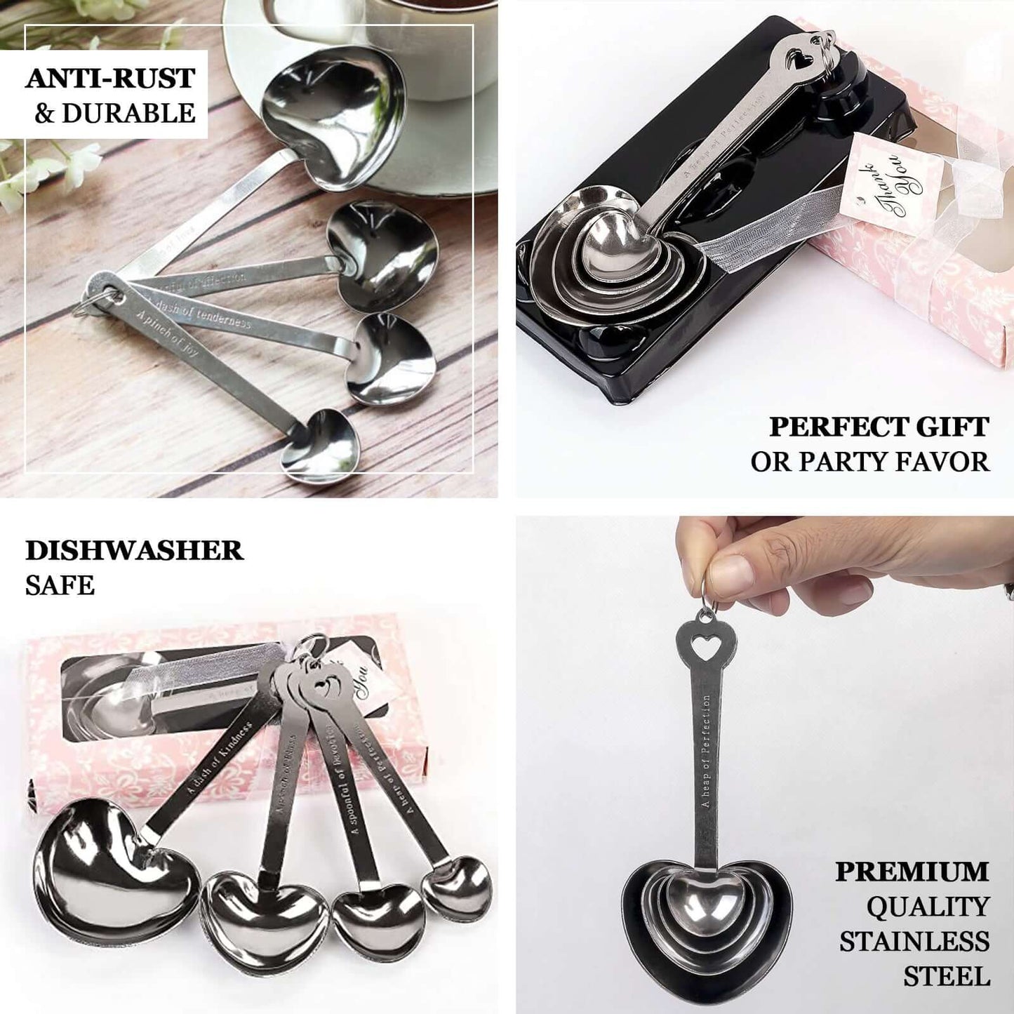 Set of 4 Engraved Silver Heart Measuring Spoon Wedding Party Favors Set, Free Gift Box & Thank You Tag Included