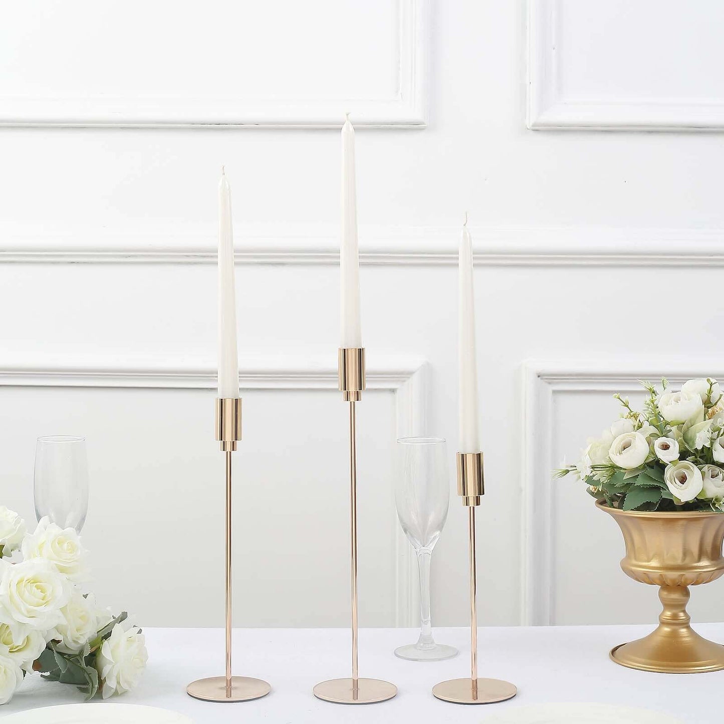 Set of 3 Taper Candle Stands Gold Metal Decorative Round Base Design - Wedding Table Accents 9", 10", 13"