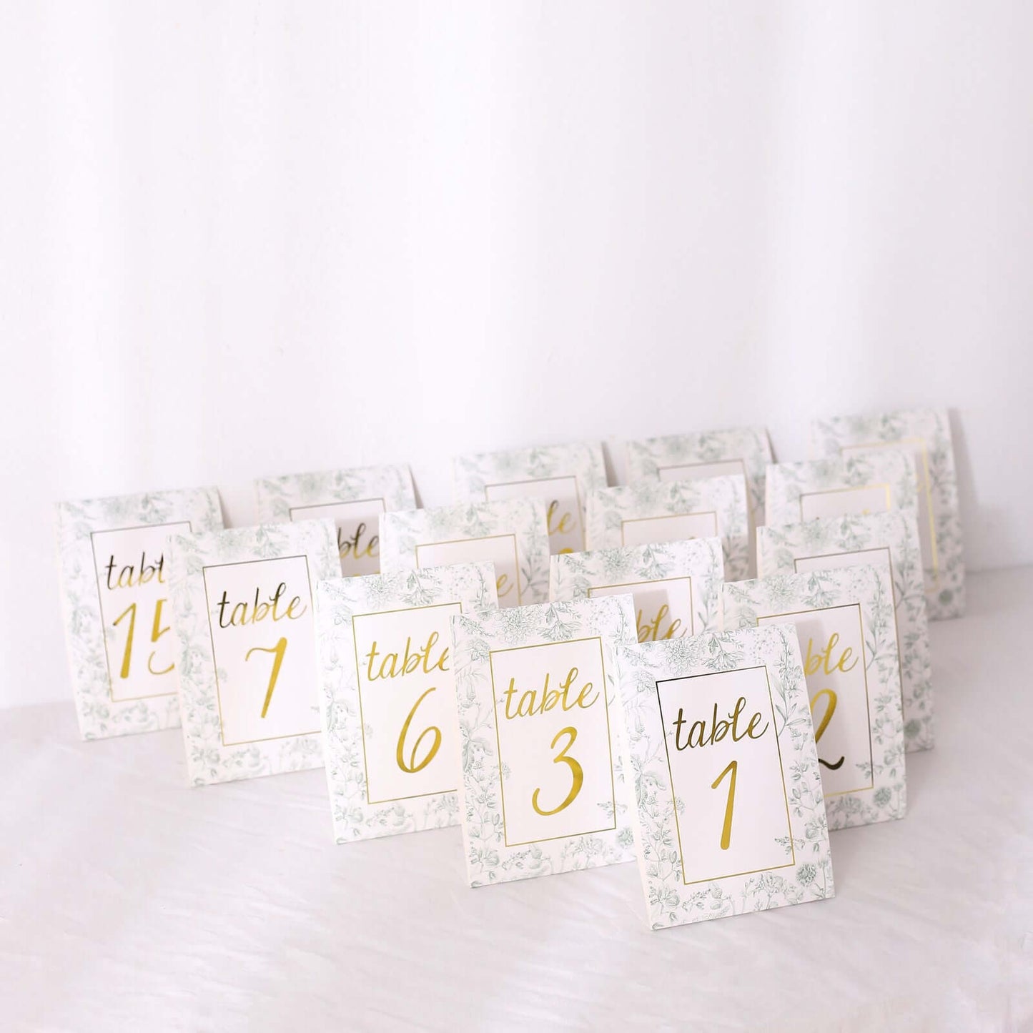 25-Pack Paper Wedding Table Numbers 1-25 White/Sage Green French Toile Design - Free Standing Double Sided Table Signs with Glam Gold Foil Numbers 7"