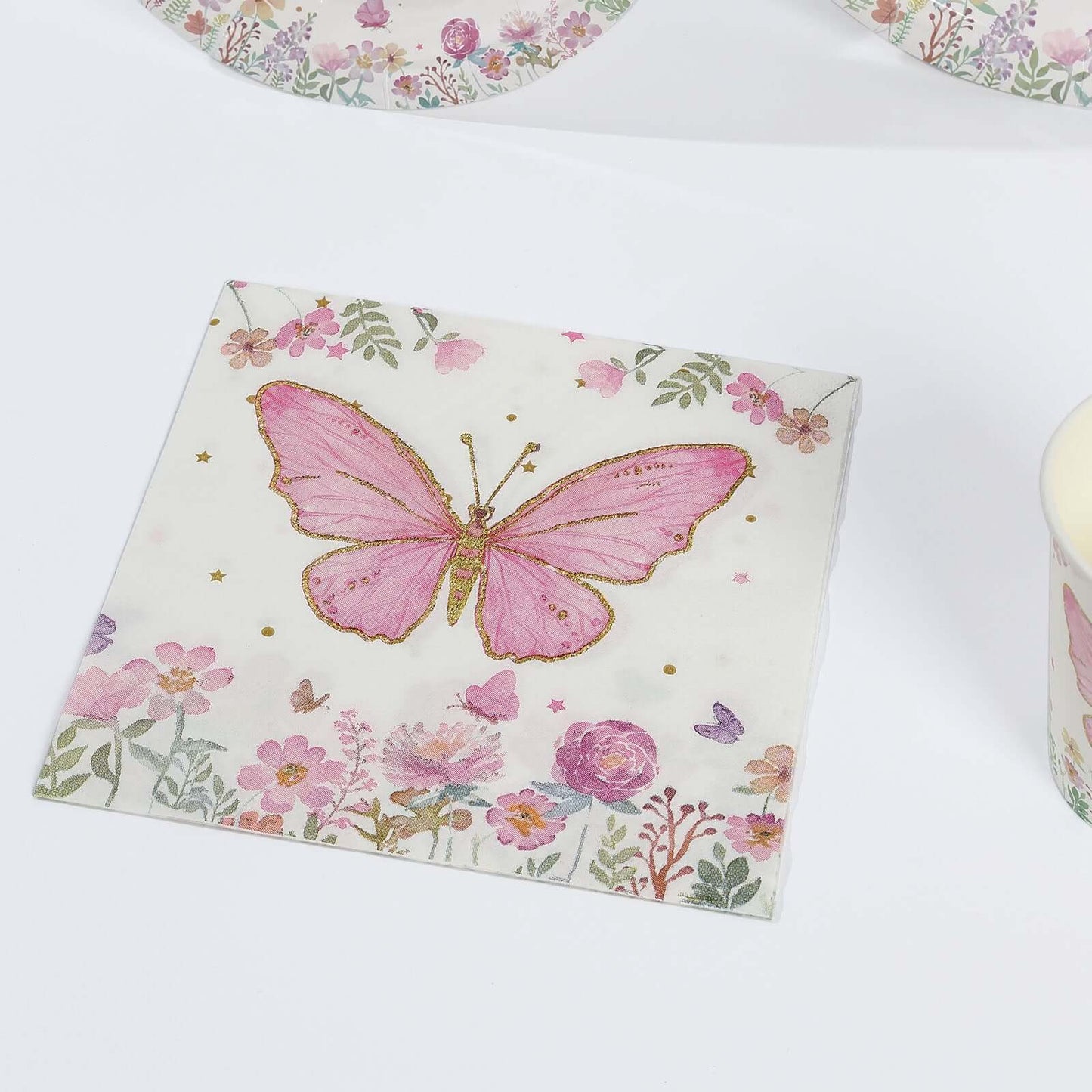 96 Pcs Paper Dinnerware Set with Butterfly Print White/Pink - Disposable Tableware Set with Plates, Cups, and Napkins