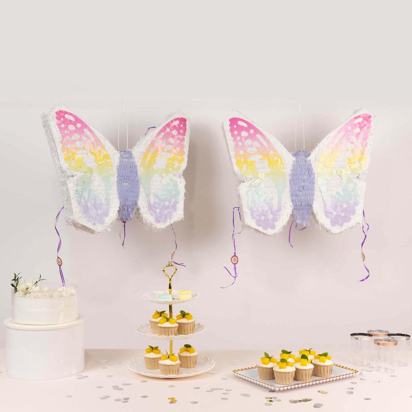 Expandable White Lilac Paper Butterfly Pinata Hanging Decor with Pastel Colored Wings, Fairy Themed Birthday Party Pinata - 23"x19"
