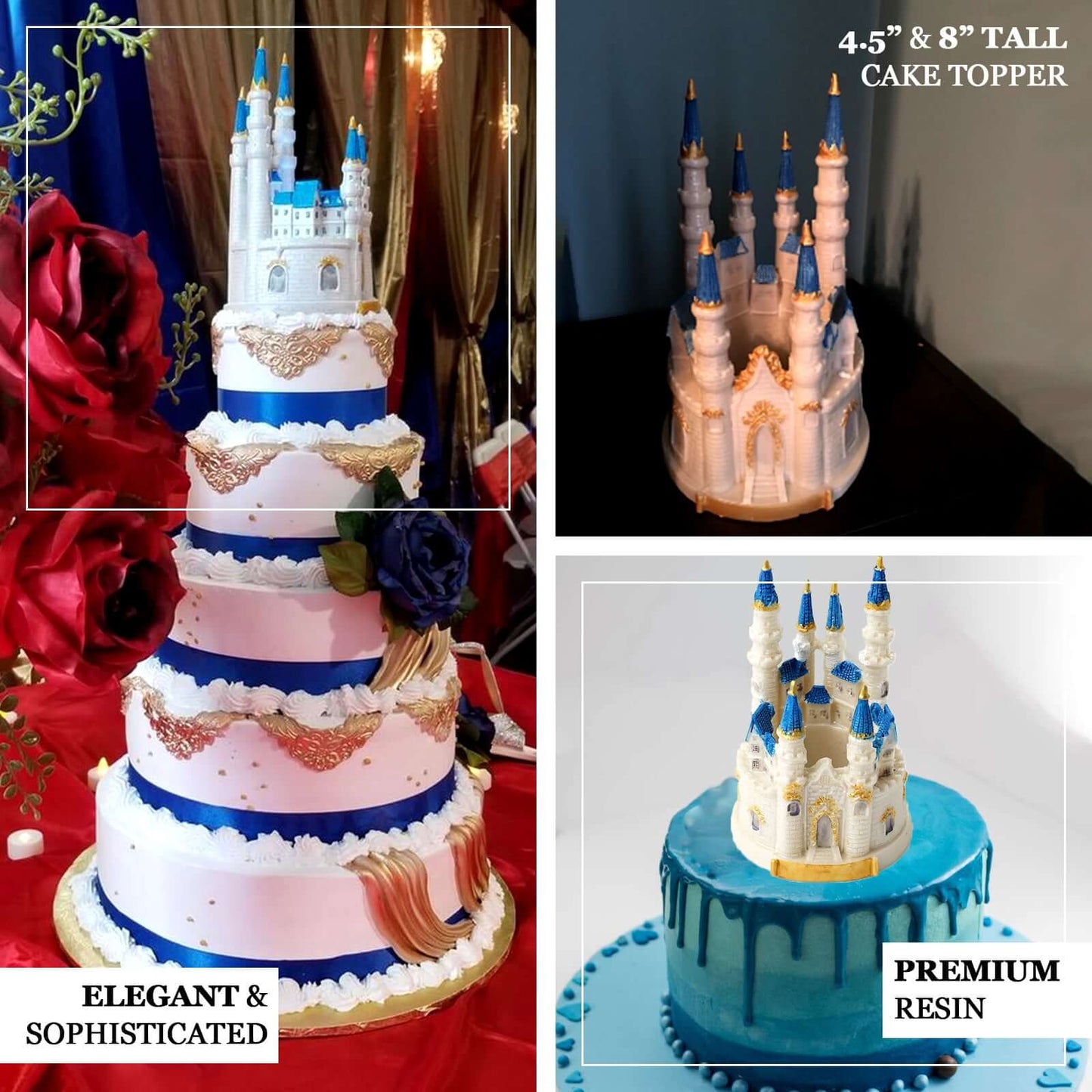 Cake Topper Figurine Fairytale Princess Castle Design Blue and White - Decoration for Baby Showers 8.5"