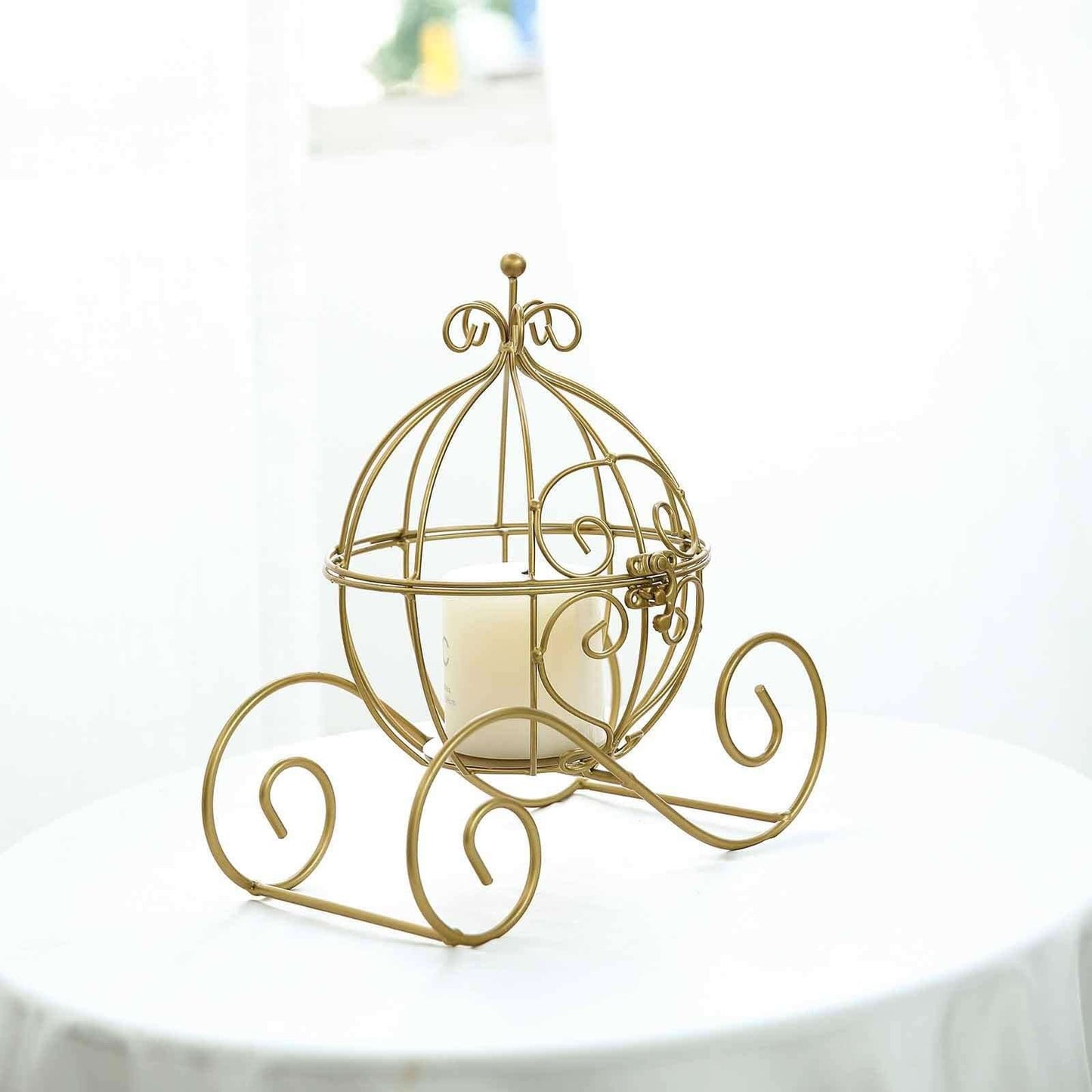 Candle Holder Gold Wrought Iron Cinderella Carriage Card Display - Wedding Table Accent 11"