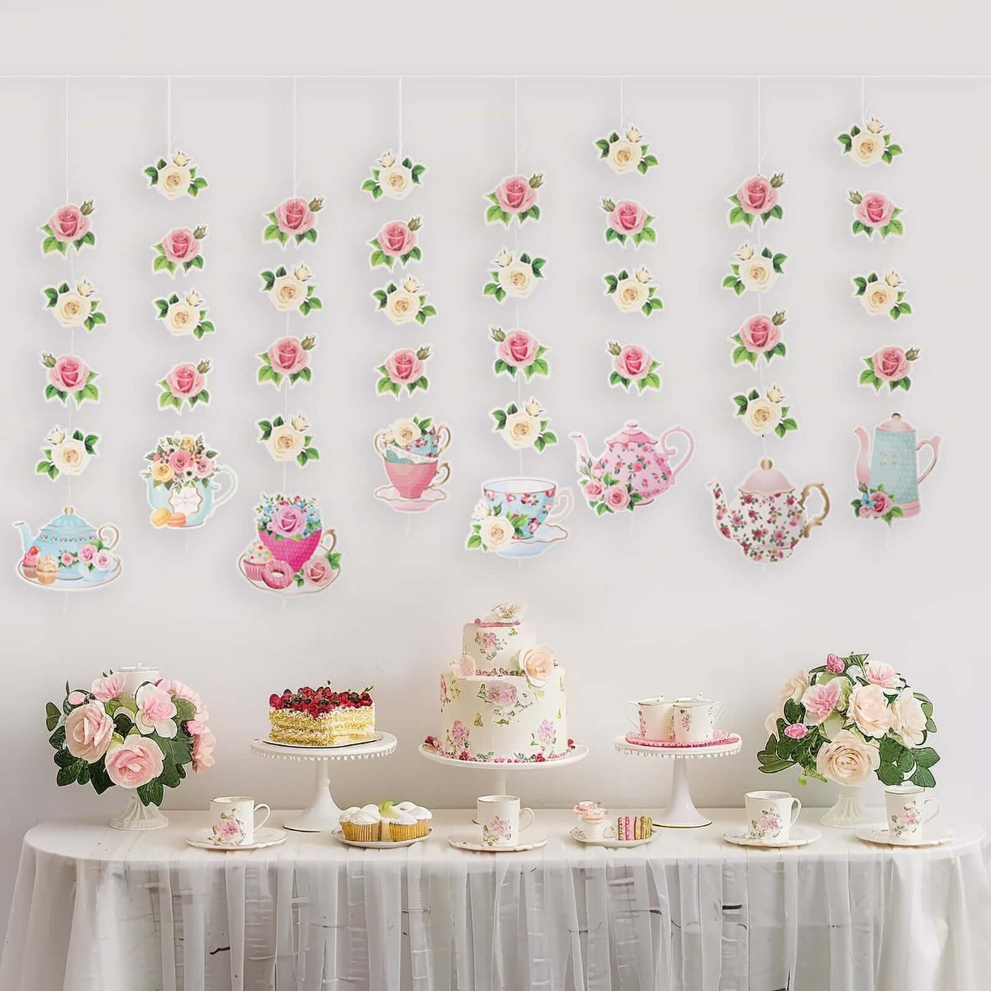 8 Pack Double Sided Floral Tea Party Paper Garland, 40" Pre-Assembled Mixed Teapot Banner Hanging Decorations