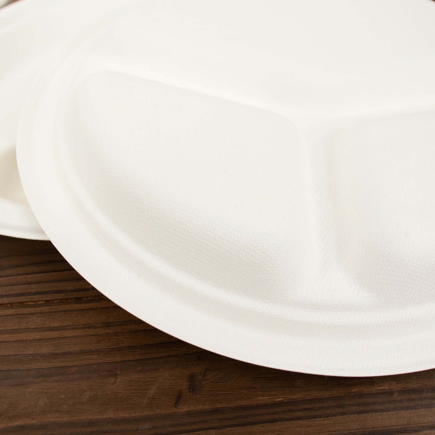 50-Pack Bagasse 10" Round Dinner Plates in White with 3-Compartments - Eco Friendly Biodegradable Sugarcane Divided Plates for Food Trucks Catering & Events