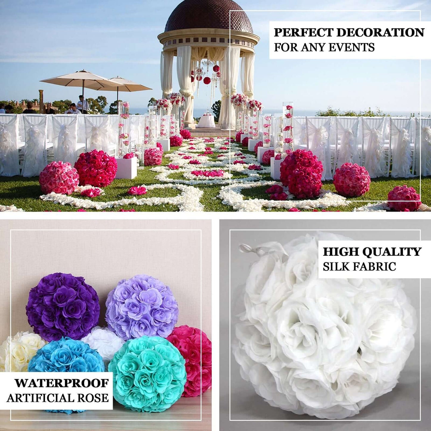2 Pack 7" White Artificial Silk Rose Kissing Ball, Faux Flower Ball