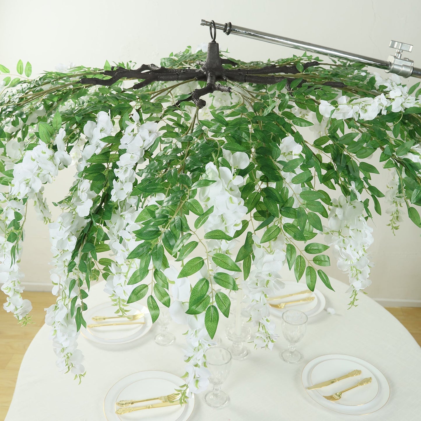 55" White Artificial Silk Wisteria Vine Round Hanging Canopy, Draping Garland Flower Chandelier With Interchangeable Branches