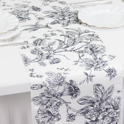 Polyester Table Runner 12"x108" White with Black French Toile Floral Print Reusable Table DÃ©cor