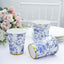 24 Pack Disposable Paper Cups in White Royal Blue French Toile Pattern with Gold Rim, Elegant Party Cups - 9oz