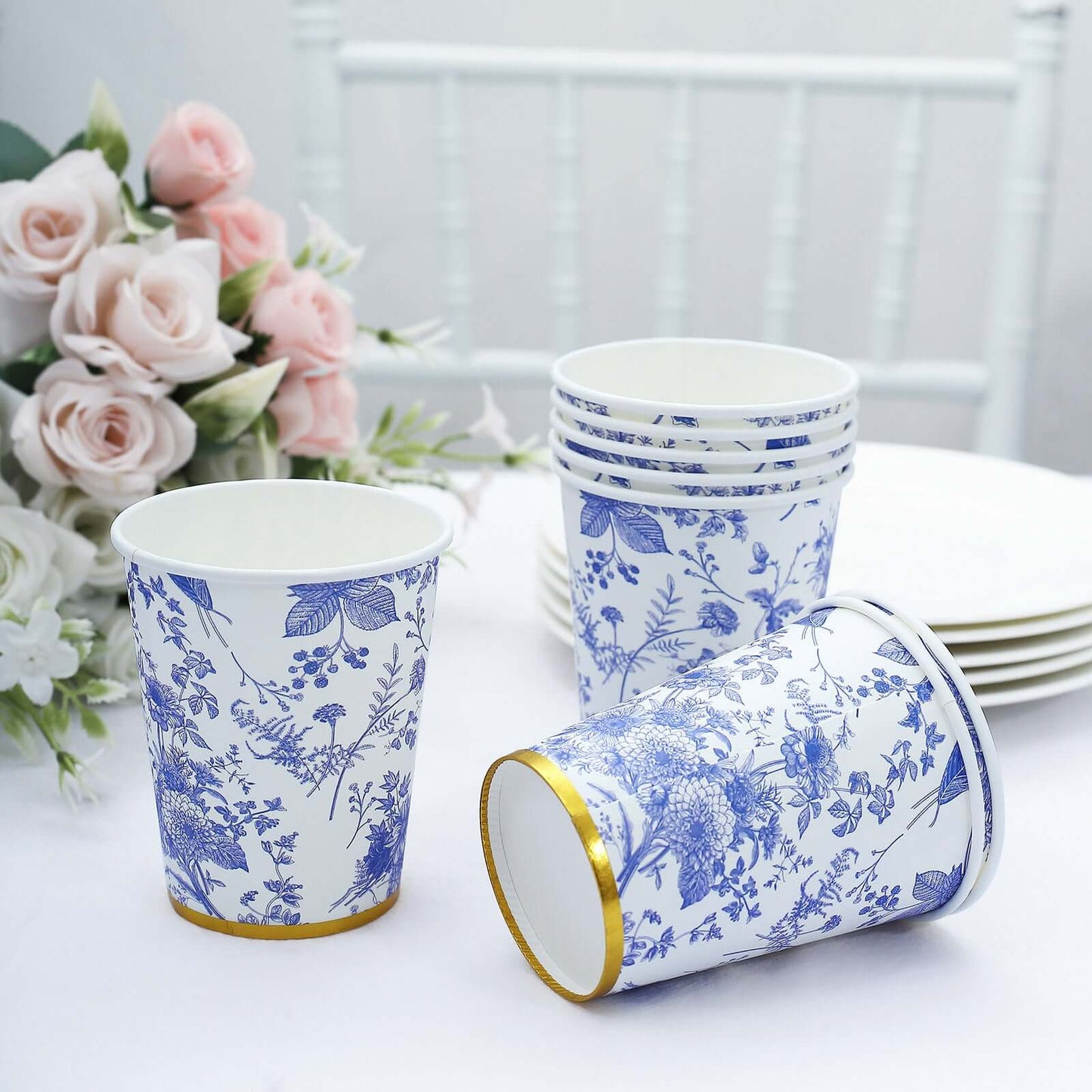 24 Pack Disposable Paper Cups in White Royal Blue French Toile Pattern with Gold Rim, Elegant Party Cups - 9oz