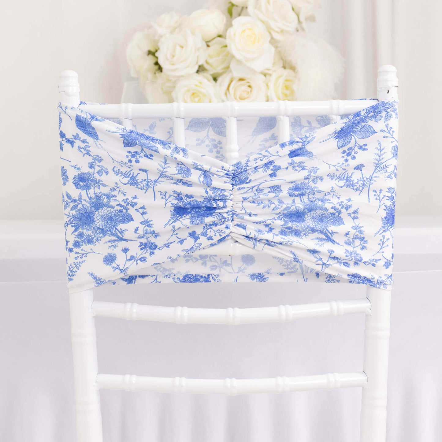 5 Pack Spandex Chair Sashes White/Blue French Toile Floral Pattern - Vintage-Inspired Wide Wrinkle-Free Stretchable Chair Bands 8"x13"