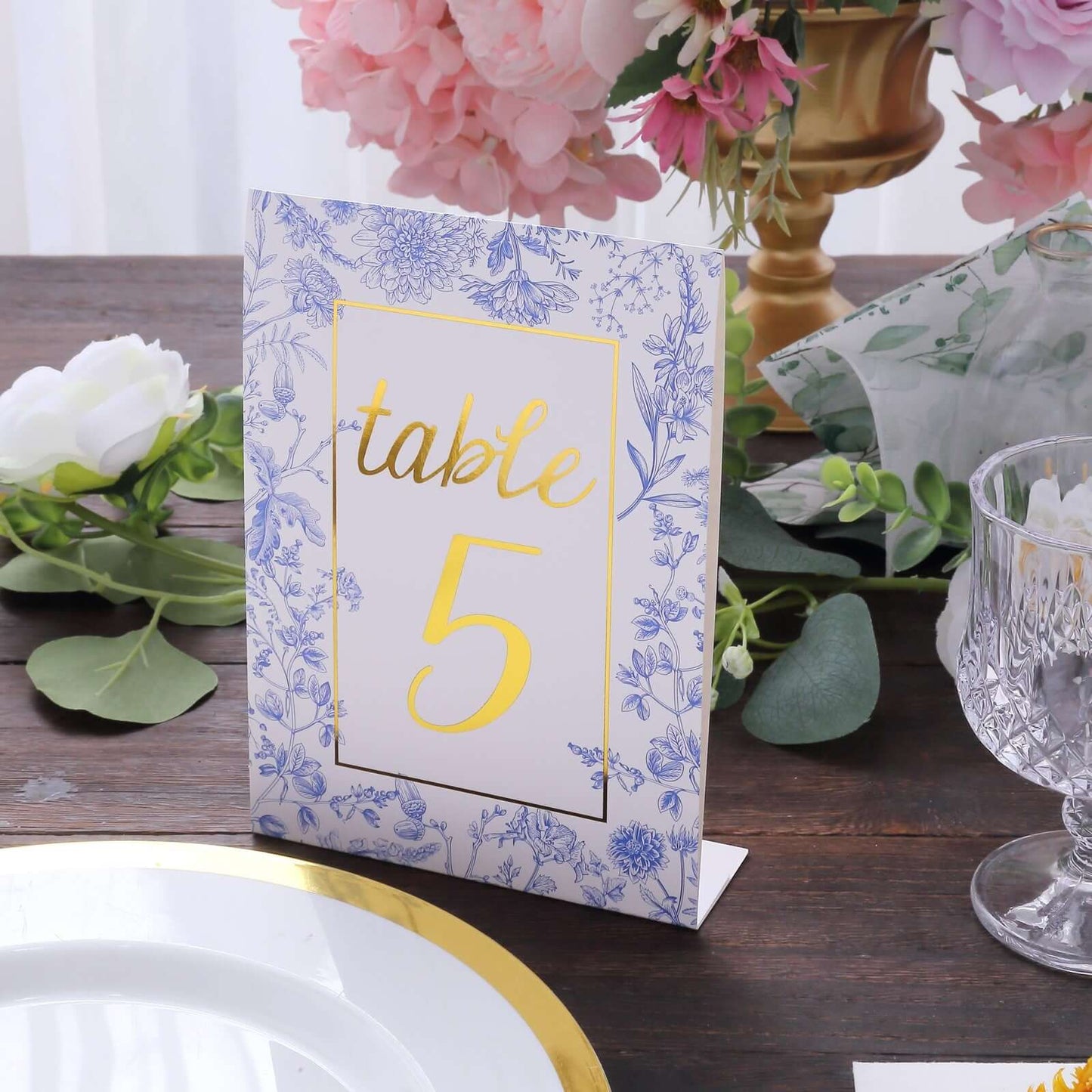 25-Pack Paper Wedding Table Numbers 1-25 White/Blue French Toile Design - Free Standing Double Sided Table Signs with Glam Gold Foil Numbers 7"