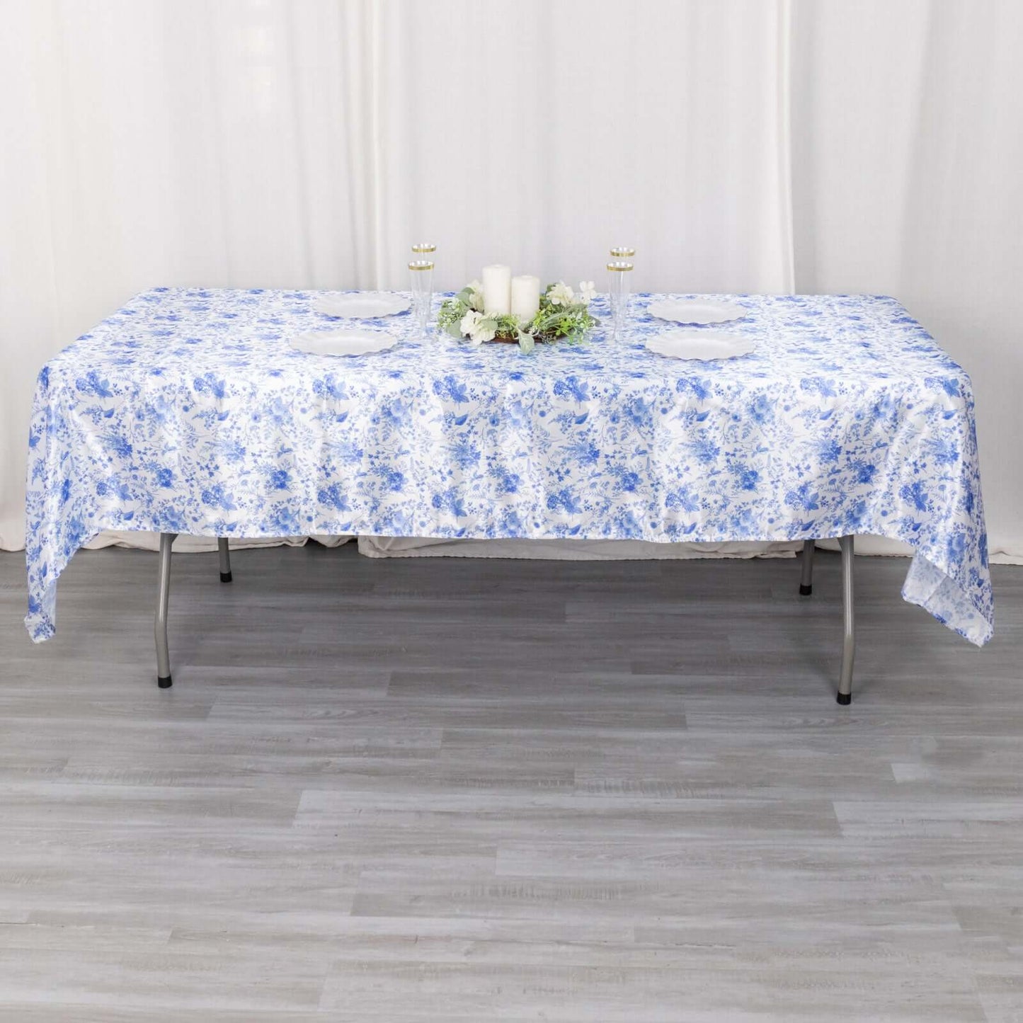 Satin Rectangular 60"x102" Tablecloth White/Blue French Toile Design - Stylish & Wrinkle-Resistant Table Cover