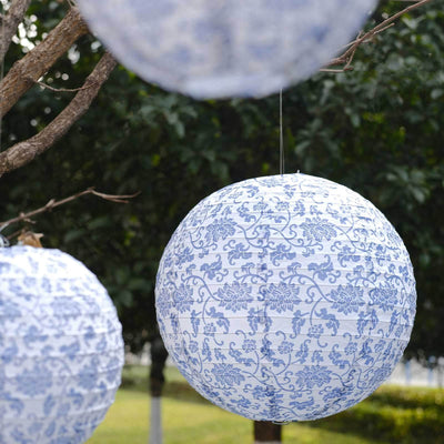 Set of 8 White Blue Hanging Chinese Lanterns in French Toile Floral Pattern, Festival Paper Lanterns - 6",8",10",14"