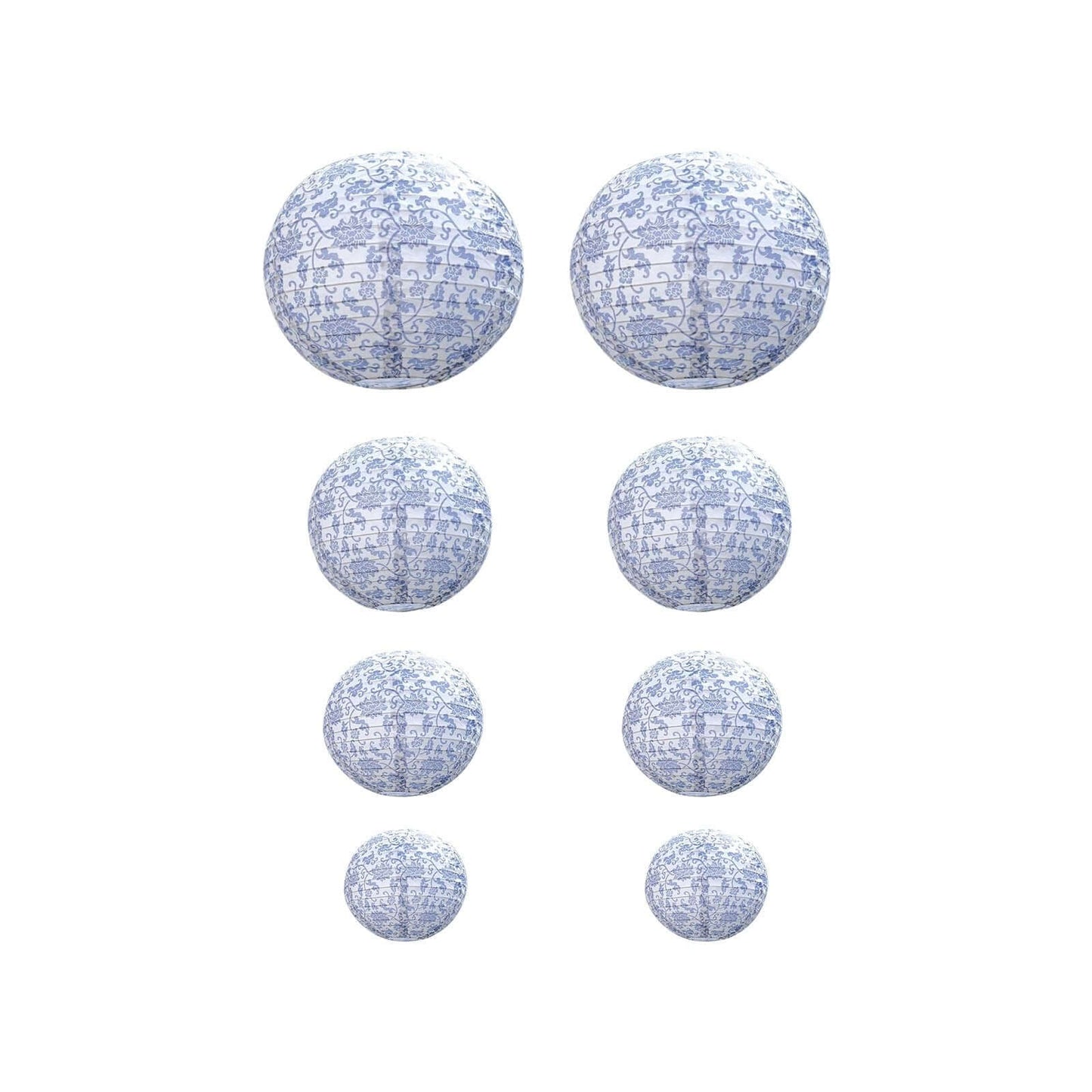 Set of 8 White Blue Hanging Chinese Lanterns in French Toile Floral Pattern, Festival Paper Lanterns - 6",8",10",14"